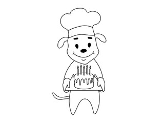 Cheerful baker,cook, doodle black and white dog with birthday cake with candles