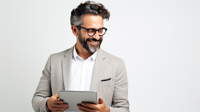 Smiling senior CEO with tablet in front of office building. Confident male entrepreneur analyzing report over laptop while standing with office background. Business, marketing, advertising.