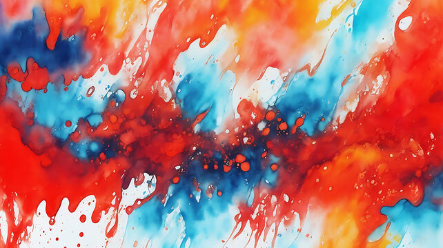 Beautiful red orange abstract background. Drawn, hand painted aquarelle. Wet watercolor pattern. Artistic background with copy space for design. Vivid web banner. Liquid, flow, fluid effect.