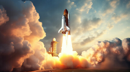 Space shuttle rocket flying in sky with clouds. Sun light on background. Expedition to space. Made with generative ai