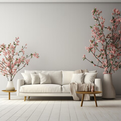 modern living room with white sofa and flowers in vase, 3d render,Generative AI