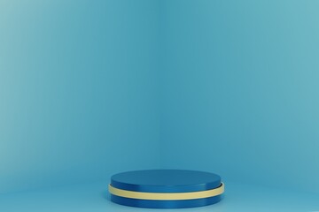 Exhibition Podium, stand, on blue pastel light аrchitectural background for premium product. 3D render. 