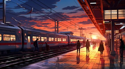 train station in Japan with anime style illustration
