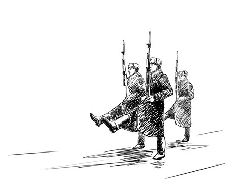 Kremlin regiment soldiers marching in step hand drawn illustration, Vector sketch of Russian honour guard in winter military uniform holding rifles with bayonets