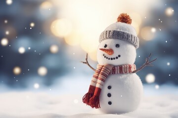 Christmas Winter Background with Snowman and Blurred Bokeh, Festive Greeting Card Design, ai generated