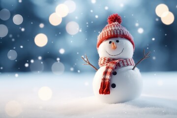 Christmas Winter Background with Snowman and Blurred Bokeh, Festive Greeting Card Design, ai generated