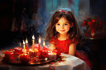 Obraz na płótnie Canvas Cute dark hair girl blowing out candles on a birthday cake. Holiday concept