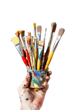Hand hold art supplies, isolated image PNG