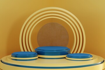 Exhibition Podium, stand, on blue pastel light аrchitectural background for premium product. 3D render. 
