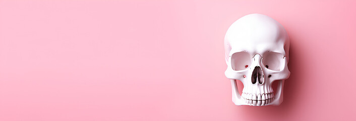 Artificial white human skull with brain and eyes on light pink background, advertising banner, web banner, Place for your text, copy space, empty space, Generative AI - obrazy, fototapety, plakaty