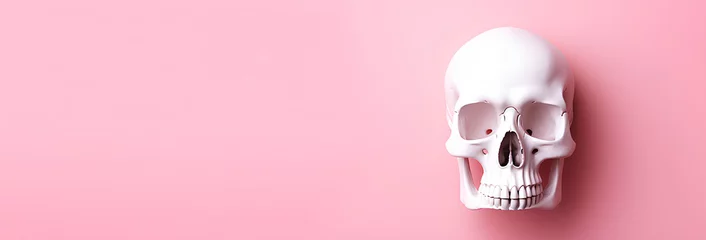 Foto op Aluminium Artificial white human skull with brain and eyes on light pink background, advertising banner, web banner, Place for your text, copy space, empty space, Generative AI © mizan