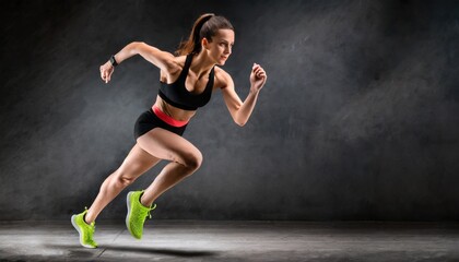 A strong athletic, woman sprinter, running on dark background wearing in the sportswear, fit