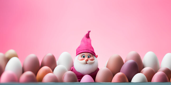 a Gnome and Easter eggs on a pink background, a Festive banner, advertising banner, web banner, Place for your text, copy space, empty space, Generative AI