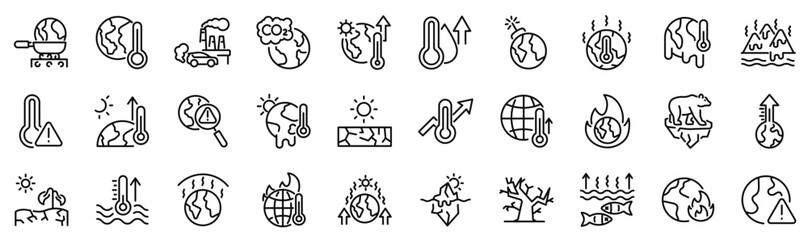 Set of 30 outline icons related to global warming. Linear icon collection. Editable stroke. Vector illustration