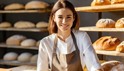 Casual photo of a female baker looking at the camera and working with dough, daylight - obrazy, fototapety, plakaty