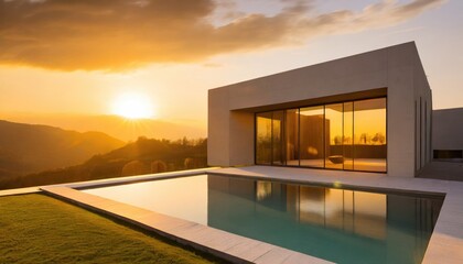 Exterior of modern minimalist cubic villa with swimming pool at sunset