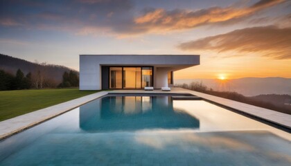 Fototapeta premium Exterior of modern minimalist cubic villa with swimming pool at sunset