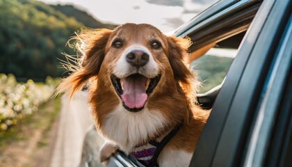 Happy dog with head out of the car window having fun