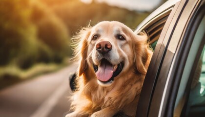 Happy dog with head out of the car window having fun