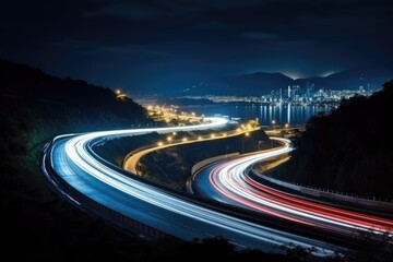 Cars light trails at night in a curve road