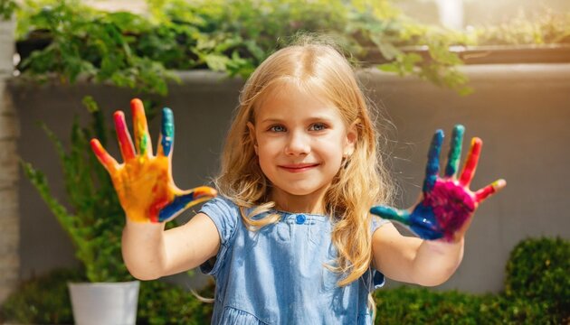  Little young girl playing with colors. Paint on hands. Creative and happy childhood concept 