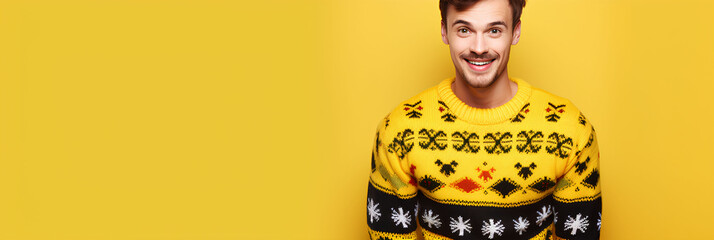 A handsome man in a Christmas sweater on a yellow background, advertising banner, web banner, Place for your text, copy space, empty space, Generative AI