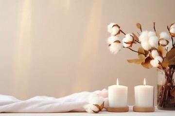 Obraz na płótnie Canvas A stylish table with cotton flowers and aroma candles near the light wall. Banner for design