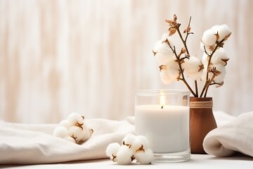 Obraz na płótnie Canvas A stylish table with cotton flowers and aroma candles near the light wall. Banner for design