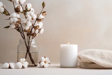 Fototapeta na wymiar A stylish table with cotton flowers and aroma candles near the light wall. Banner for design