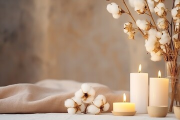 A stylish table with cotton flowers and aroma candles near the light wall. Banner for design