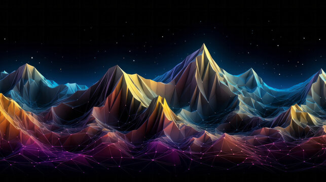 Fototapeta Colorful digital facet design in the shape of sound waves or mountain on black background