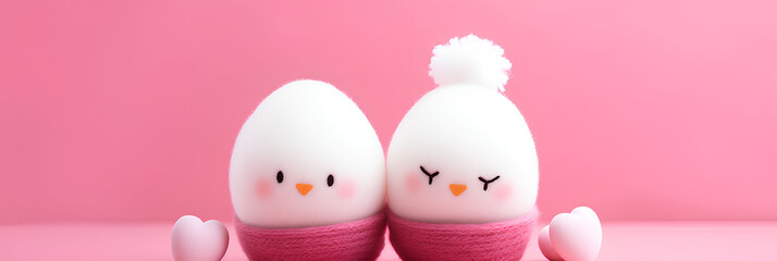 Two white eggs in a beanie with rabbit ears and cheerful faces on a pink background, advertising banner, web banner, Place for your text, copy space, empty space, Generative AI