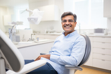 A man sitting in a dentist's office and smiling.