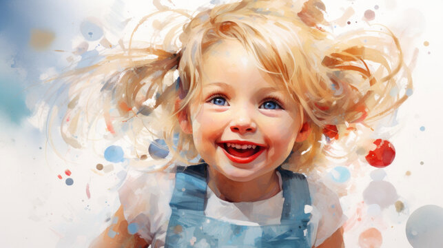 Cute little girl with blond hair outside.  Beautiful portrait of child impressionism style