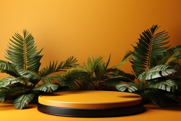 Obraz premium 3D render of yellow background with tropical leaves and podiums, 8k by Generative AI