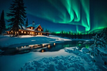 A breathtaking display of the Northern Lights dancing across the night sky, casting an ethereal glow over a picturesque Christmas landscape.