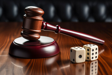 Judge's gavel and dice indicating uncertain justice - obrazy, fototapety, plakaty