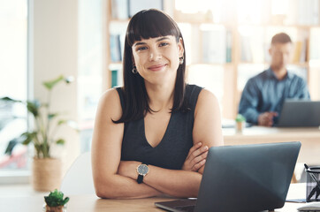 Portrait, smile and business woman with arms crossed in office ready for company goals. Leader,...