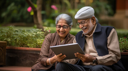 Fototapeta premium indian senior couple sitting at park and using tablet