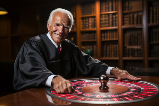 Judge playing roulette, implying biased justice.