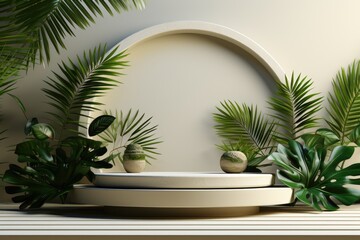 3D render of white background with tropical leaves and podiums, 8k by Generative AI