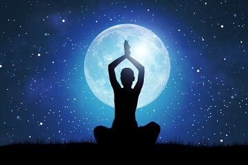 Woman silhouette in yoga pose on Moon background