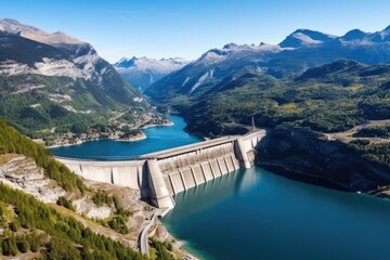 Water dam and reservoir lake aerial panoramic view - obrazy, fototapety, plakaty