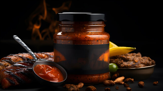 BBQ Sauce Product, Mockup, BBQ Sauce Packaging, Jar, Commercial Photo, AI-generative, Concept, Spicy Sauce, Food