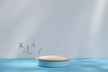Exhibition Podium, stand, on blue pastel light аrchitectural background for premium product. 3D render. 