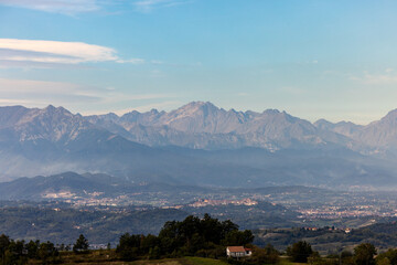 View of the Alps at sunrise from Piedmont. Italy