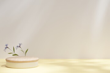 Exhibition Podium, stand, on blue pastel light аrchitectural background for premium product. 3D render. 