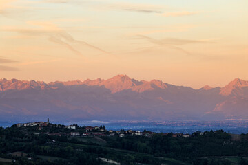 View of the Alps at sunrise from Piedmont. Italy