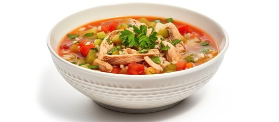 Mexican chicken soup with vegetables and rice showcased against a white background in the classic style