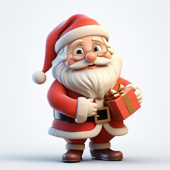 3d Render, Cute Santa Claus and Gift Box on White Background.